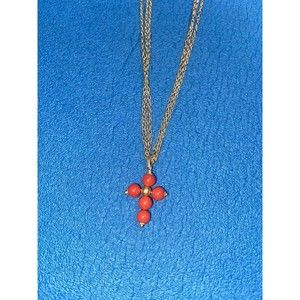 Vintage Mediterranian Gold & Coral Cross Pendant With 925 Chain